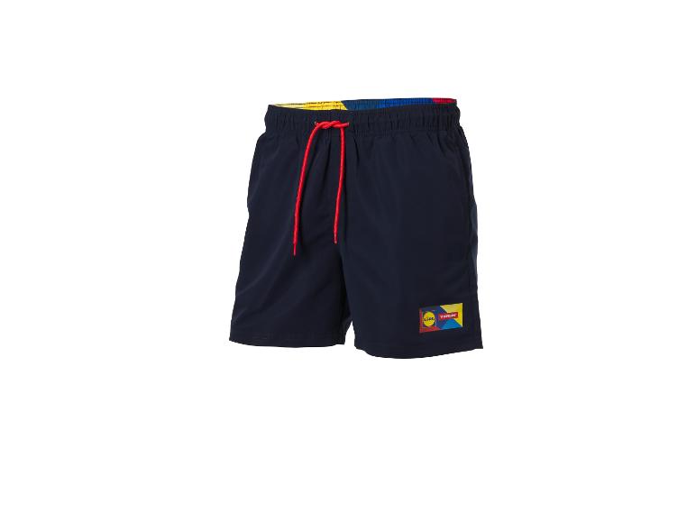 Dunkelblaue Badeshorts mit farbigem Bund und Logo am Bein.