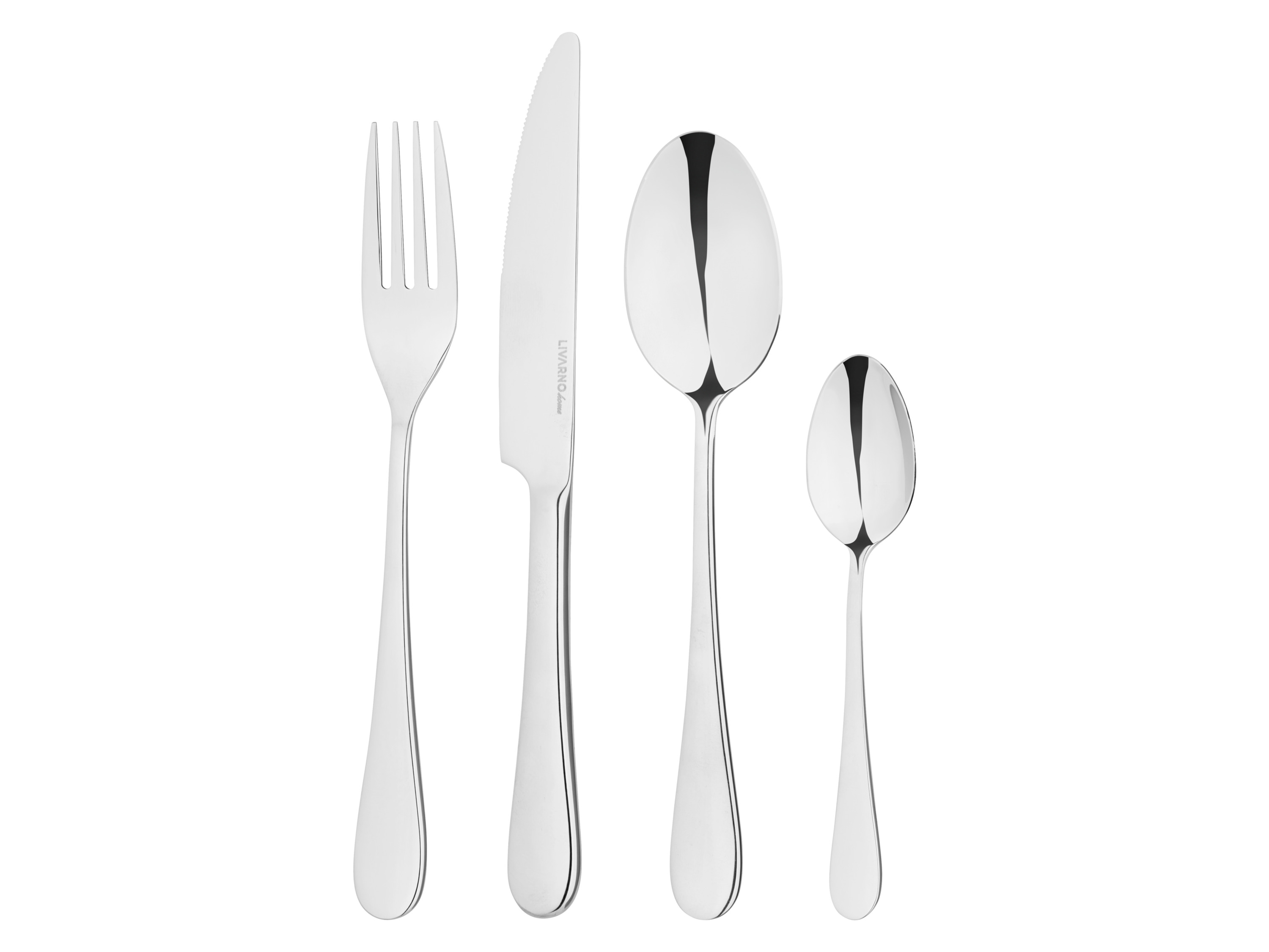 LIVARNO home Edelstahl-Tafelbesteck, 24-teilig (Klassisch)““ | 6x Kaffeelöffel Messer aus hochwertigem Edelstahl Gabeln, Esslöffel und Kaffeelöffel aus 18/10 Edelstahl Spülmaschinengeeignet 24-teilig Produktmerkmale tabletd Spülmaschinengeeignet: ja Mikrowellengeeignet: – Material: Edelstahl Personenanzahl: 6 Personen Lieferumfang: 6x Gabel, 6x Messer, 6x Esslöffel