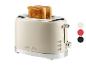 Cremefarbener Retro-Toaster mit zwei Toastscheiben, zeigt Farboptionen: Creme, Rot, Schwarz.