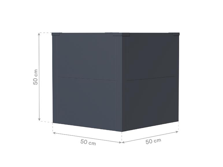 Dunkelgraue Aufbewahrungsbox mit den Maßen 50x50x50 cm.