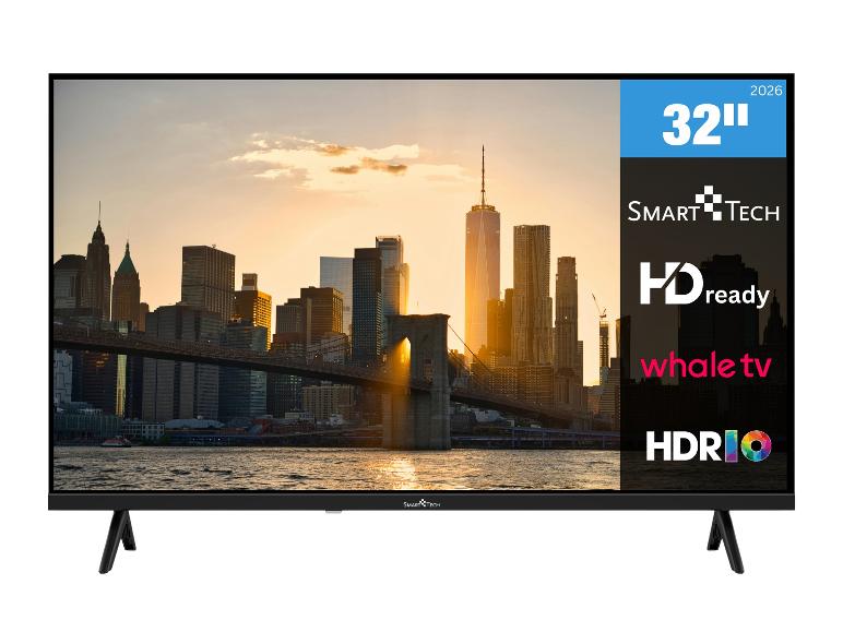 32-Zoll-Fernseher mit HD Ready, Whale TV und HDR10 Funktionen, mit Stadtbild im Hintergrund.