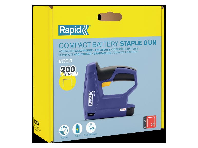 RAPID BTX10 Kompakt-Akku-Heftgerät mit 200 Klammern in gelber Verpackung.