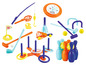 Ein Set mit verschiedenen Outdoor-Spielen, darunter Golf, Ringwurf, Bowling und Krocket.