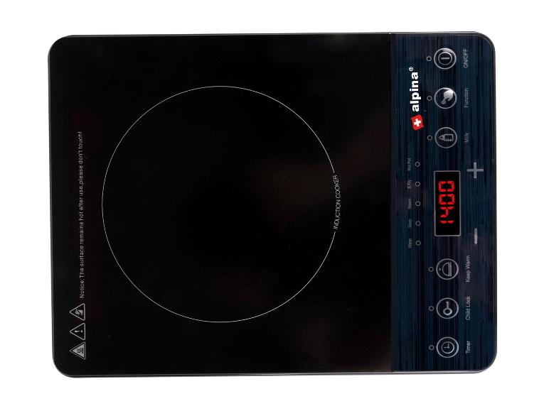 Schwarzes Induktionskochfeld mit Digitalanzeige und Bedienfeld.