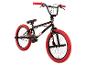 Schwarzes BMX-Fahrrad mit roten Reifen und Griffen.