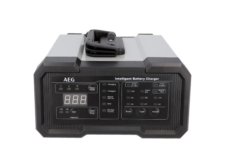 Intelligentes AEG Batterieladegerät mit LCD-Display.