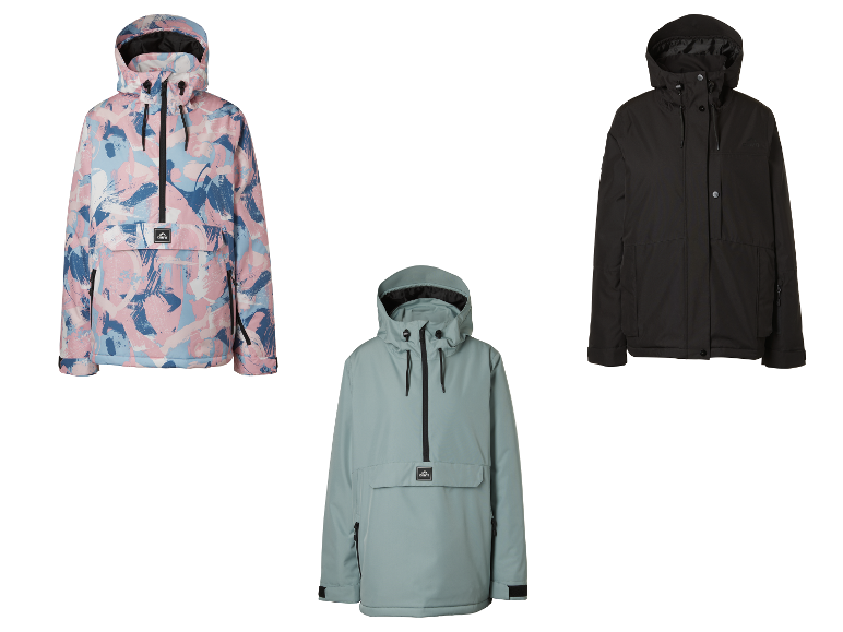 CRIVIT Damen-Freeride-Jacken: gemustert rosa, hellblau und schwarz.