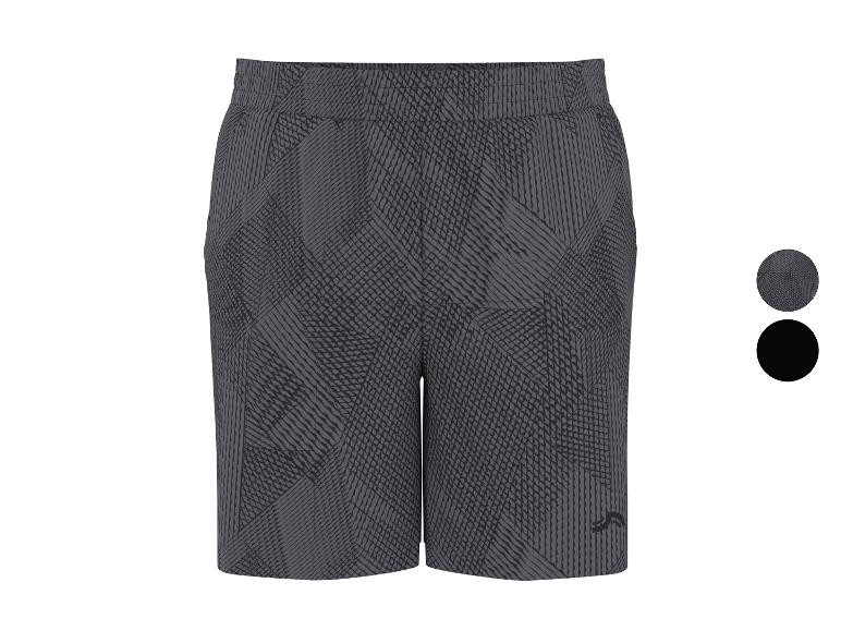 Dunkelgraue Sportshorts mit geometrischem Muster und elastischem Bund.