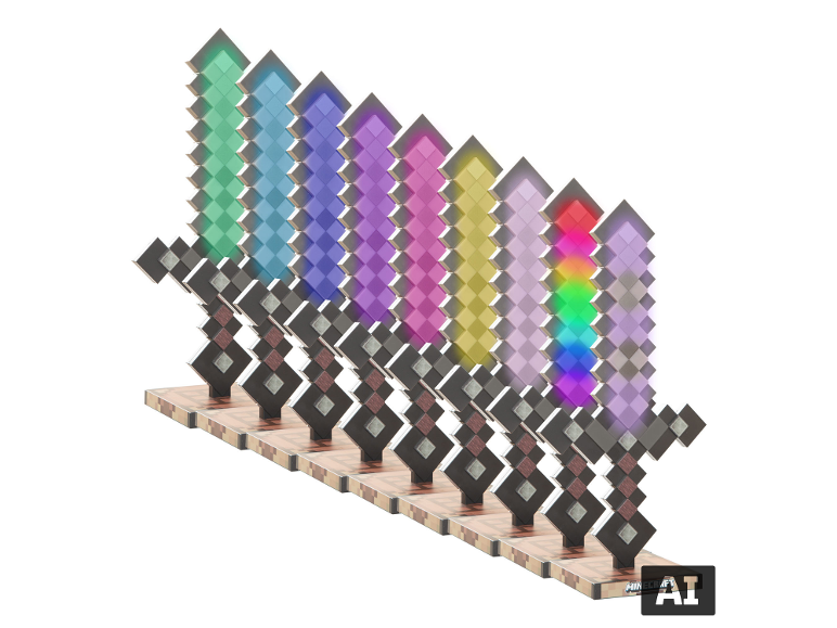 Dekorative Ständer in Form von bunten Pixelschwertern in einer Reihe.