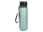 Grüne Wasserflasche mit schwarzem Deckel und Messskala in Millilitern und Unzen.