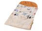 Babyschlafsack mit Tier- und Auto-Designs in Beige- und Orangetönen.