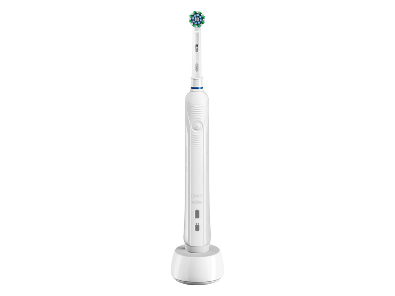 Eine elektrische Zahnbürste von Oral-B Braun auf einer Ladestation.