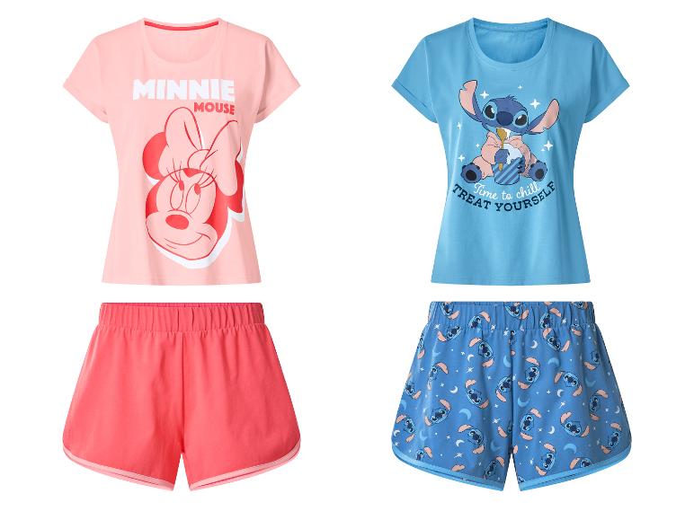 Damen-Pyjamas mit T-Shirt und Shorts: ein rosa mit Minnie Maus und ein blau mit Stitch.