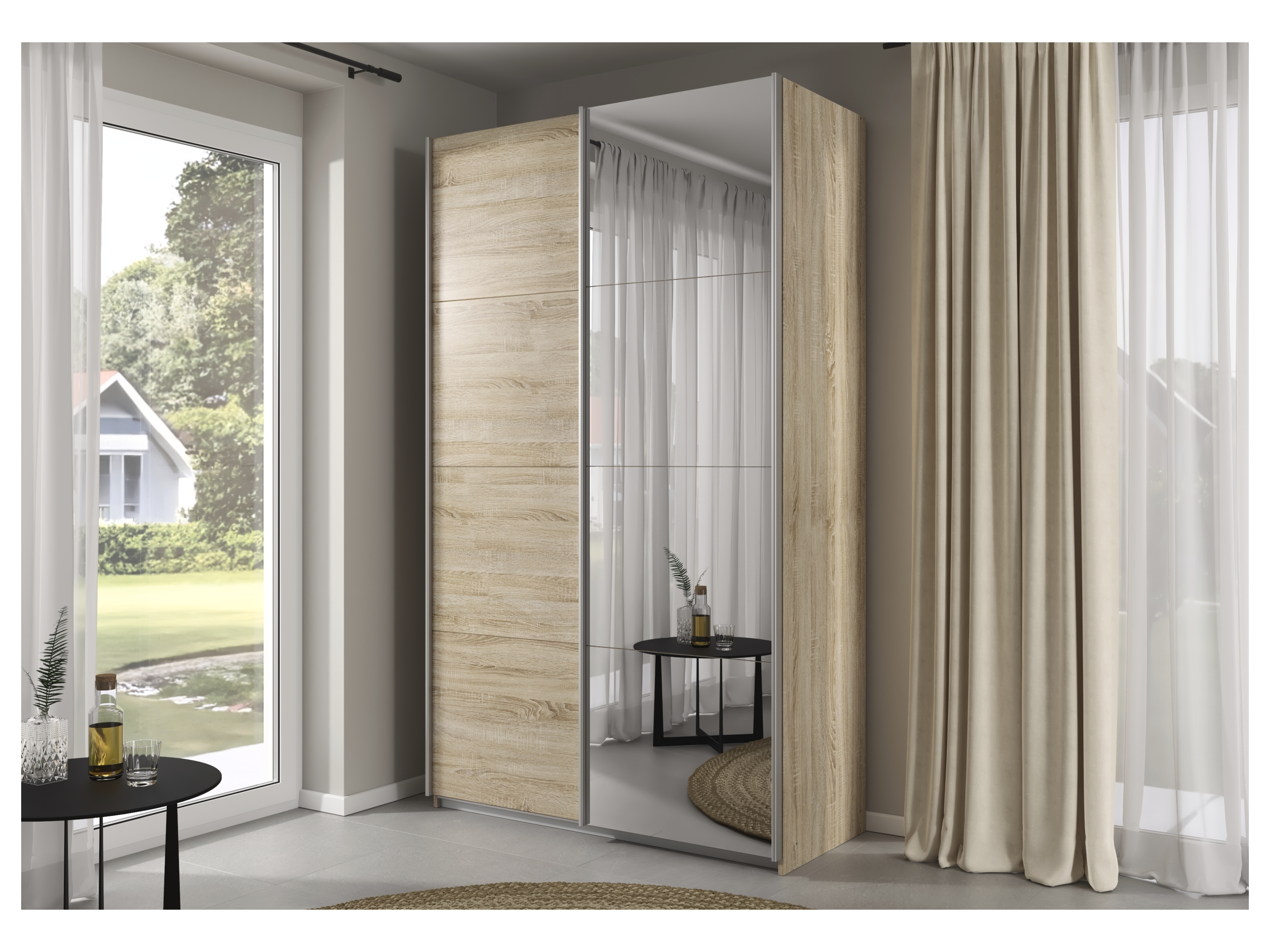 RAUCH ORANGE Quadra Schwebetürenschrank mit Spiegelelementen (Premium-Zubehör, Korpus: Eiche, 136 x 230 cm) – Bild 2 von 4