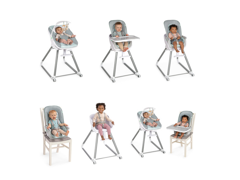 Babyhochstühle in verschiedenen Positionen, darunter eine Schaukel- und eine Essstuhlposition.