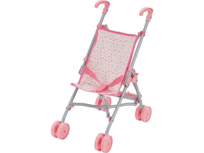 Rosa Puppenbuggy mit Blumenmuster.