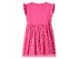 Pinkes Kleid mit Rüschenärmeln und einem glitzernden Tüllrock mit Blumenmuster