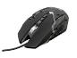Schwarze Gaming-Maus mit geflochtenem Kabel, Scrollrad und beleuchteten Akzenten