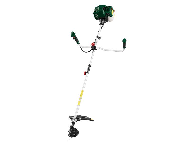Benzin-Motorsense mit grünem Motor und schwarzem Schneidkopf.