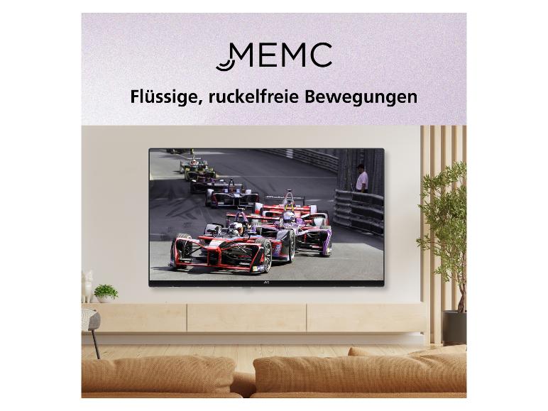 Fernseher mit Autorennen, Text 'MEMC' und 'Flüssige, ruckelfreie Bewegungen'.
