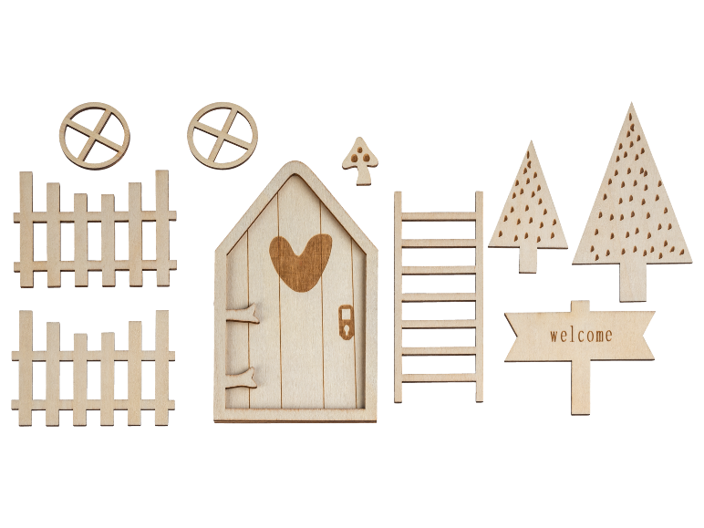 Holz-Feengarten-Bastelset mit Haus, Zäunen, Bäumen und Zubehör.