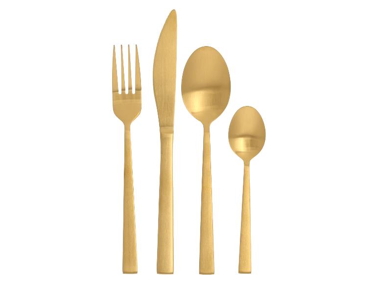Goldfarbenes Besteckset: Gabel, Messer, Löffel und Teelöffel.