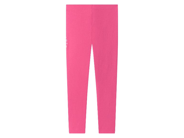 Pinke Kinderleggings mit weißem Aufdruck am linken Bein.