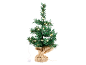 Kleiner künstlicher Weihnachtsbaum mit LED-Lichtern und Jutesack-Ständer.