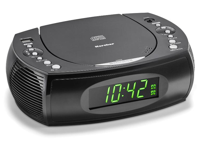 Schwarzes Radiowecker mit CD-Player und grünem Digitaldisplay, das 10:42 anzeigt.