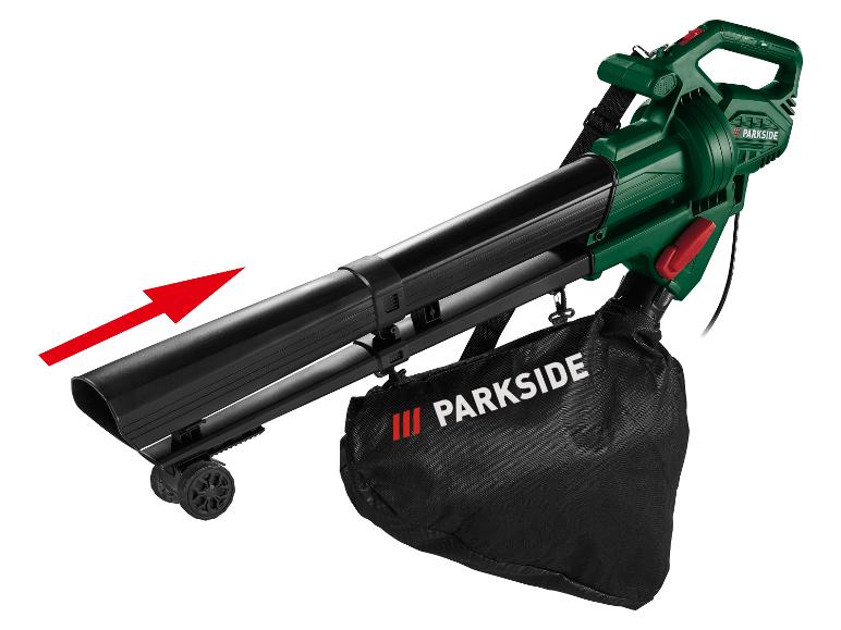 Parkside Laubbläser-Sauger mit Rädern und Fangsack, der die Luftstromrichtung anzeigt.