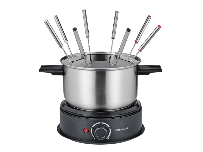 Edelstahl-Fondue-Set mit schwarzem Elektrosockel und acht Gabeln.
