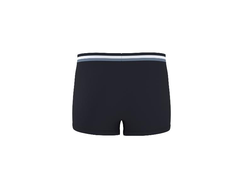 Dunkelblaue Boxershorts mit weißem und grauem Bund.