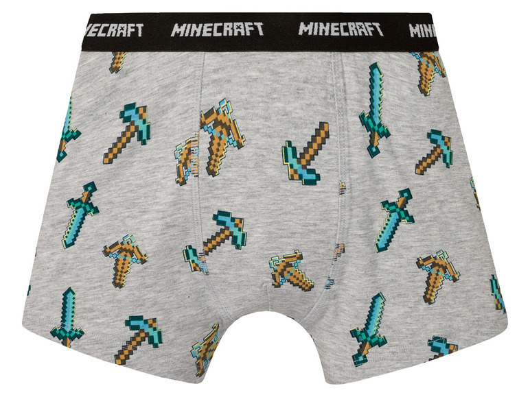 Graue Minecraft Boxershorts mit Äxten und Schwertern.