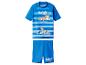 Blauer Kinder-Badeanzug mit gestreiftem Kurzarmshirt und Shorts, bedruckt mit Zeichentrickfiguren.