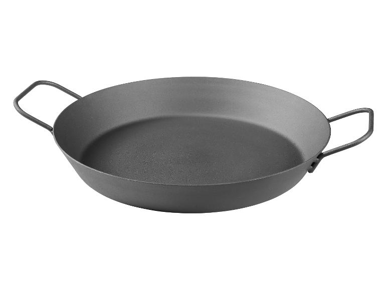 Dunkelgraue Bratpfanne mit zwei Griffen auf weißem Hintergrund.