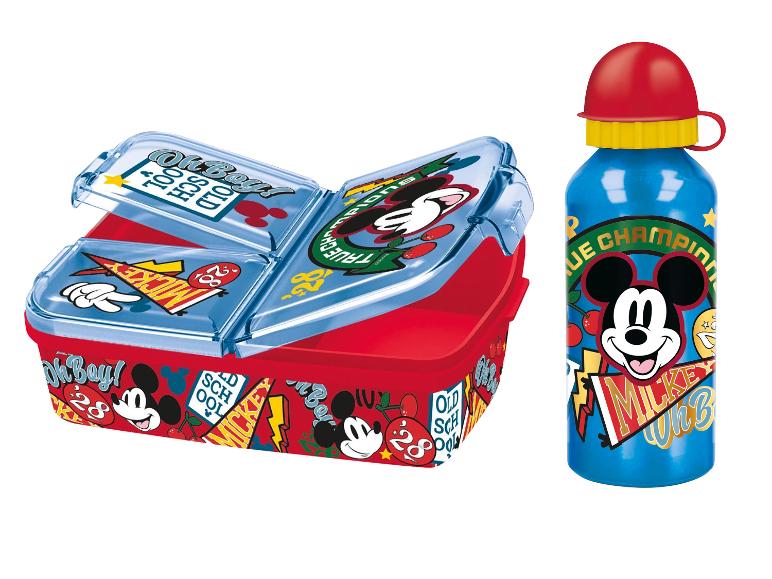 Rot-blaue Brotdose und passende Trinkflasche, verziert mit Cartoon-Motiven.