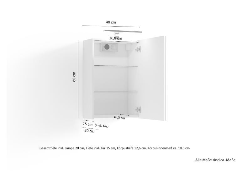 Weißer Wandschrank mit offener Tür, Glasböden und detaillierten Maßen.