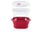 Rote Tupperware-Schüssel mit Deckel und Dampfkorb.