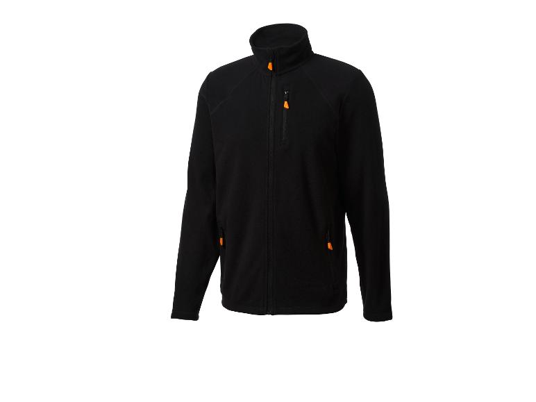 Schwarze Fleecejacke mit Reißverschluss und orangefarbenen Details.