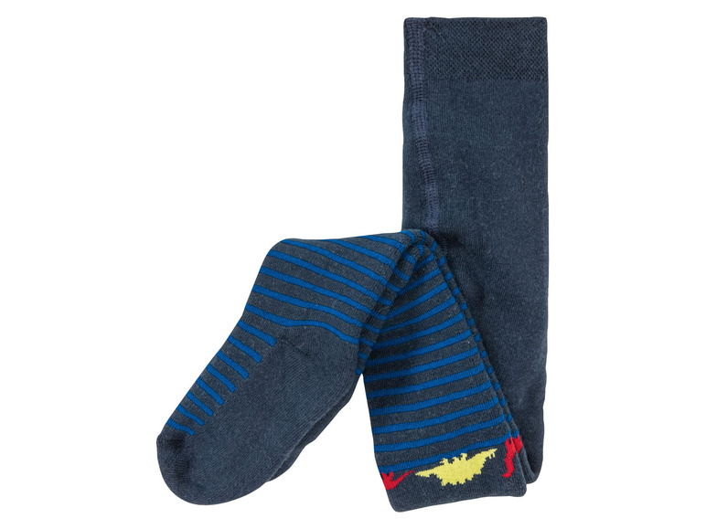 Dunkelblaue Leggings mit blauen Streifen und gelben Fledermäusen.