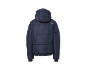 Dunkelblaue Steppjacke mit Kapuze, Rückansicht.