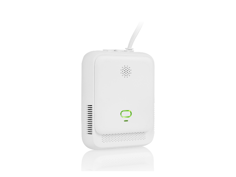Weißer rechteckiger Luftqualitätsmonitor mit grüner Leuchtanzeige und weißem Kabel.