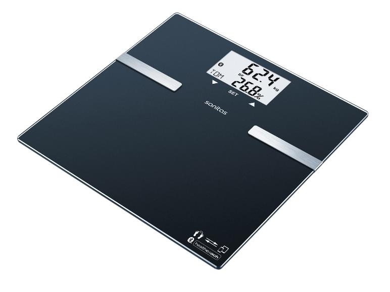 Schwarze Digitalwaage mit silbernen Akzenten, zeigt 62.4 kg und 26.8% Körperfett an.