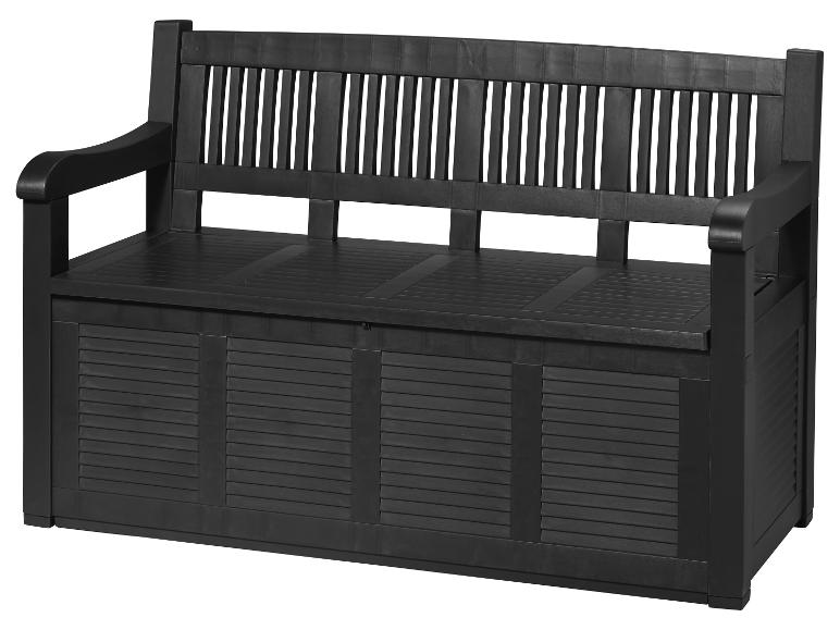Schwarze Outdoor-Aufbewahrungsbank mit Lattenrückenlehne und Armlehnen.