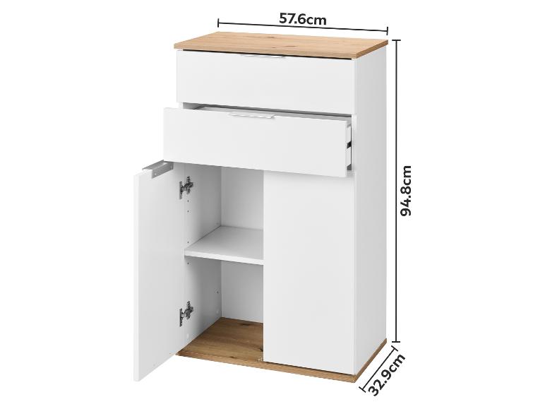 Weißer und holzfarbener Schrank mit einer Schublade und einer Tür, Maße 57,6x94,8x32,9cm.