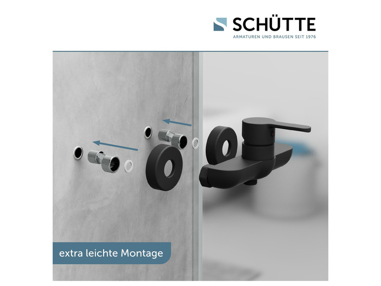 Schwarzer Badezimmerarmatur und Installationsmaterialien von Schütte.