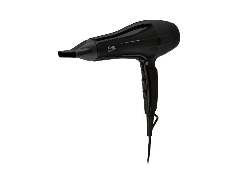 Schwarzer Haartrockner mit Konzentratordüse und Bedienelementen am Griff.