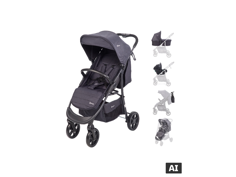 BABYGO Kinderwagen 3-in-1 Set Style in Dunkelgrau mit verschiedenen Aufsätzen und Zubehör [KI-generiertes Bild]