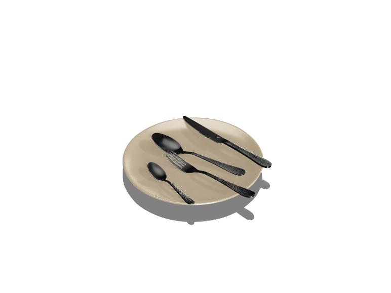 Schwarzes Besteck mit gemusterter Oberfläche auf einem beigen Teller.