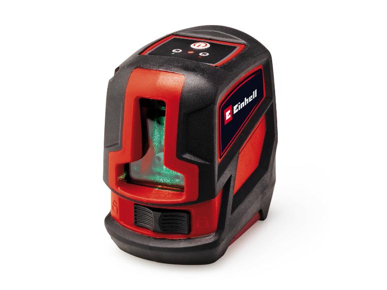 Rotes und schwarzes Laser-Nivelliergerät mit grünen Laserlinien, isoliert auf weißem Hintergrund.